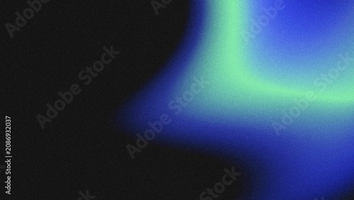 Photos Minimal abstract textured backdrop with heavy film grain noise, smooth flowing curved gradient of deep royal blue and pale mint neon green glowing streak on black base