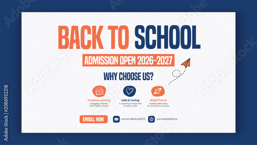 Back to School Admission Open Banner Template, School Enrollment Promotion Web Banner Vector Design