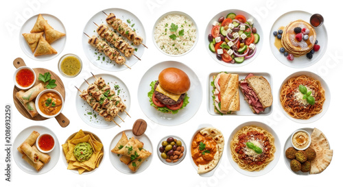 Assorted global cuisine dishes on plates arranged on white background