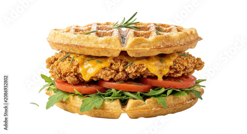 Delicious chicken sandwich on a waffle bun with melted cheese lettuce and tomato