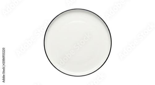 A close-up shot of a pristine white plate with a thin black rim on a plain white background