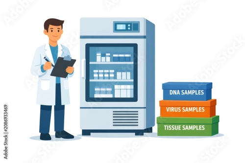 Scientist in a lab coat is writing on a clipboard, organizing and storing various biological samples like DNA, viruses, and tissues in a specialized medical freezer