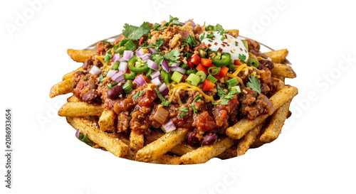 Delicious chili cheese fries topped with onions and herbs on a white background