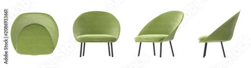 Photos Modern green accent chair with sleek black legs and a comfortable upholstered se