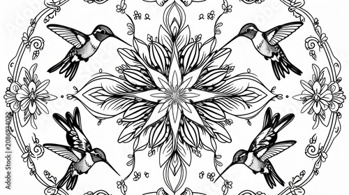 Hummingbirds and flowers mandala coloring page for kids and adults isolated on white background