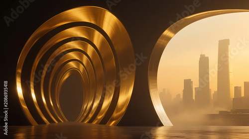 Golden spiral rings against city skyline