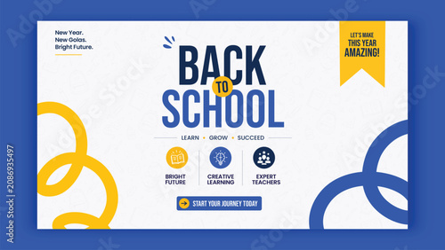 Back to School Education Web Banner Template, School Admission Promotion Banner, Student Enrollment Campaign Header Design, School Registration Social Media Cover Template