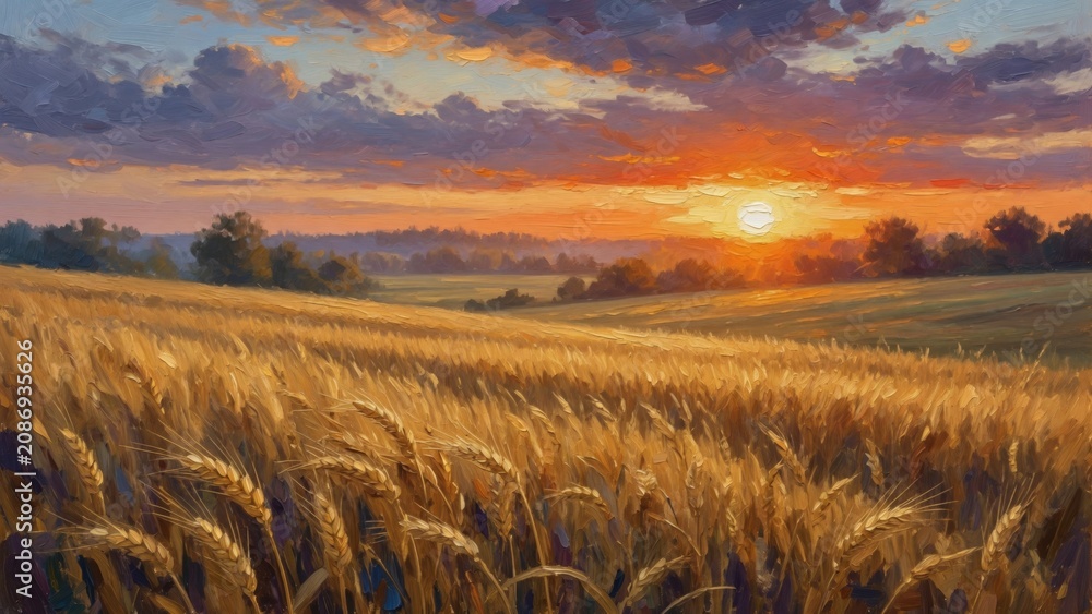 Obraz premium Golden wheat field landscape at sunset, thick impasto brushstrokes creating an impressionistic artwork