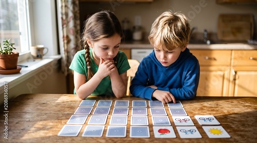 Two young children, a boy and a girl, intently playing a memory card game at a wooden table in a sunlit home.