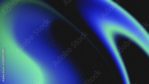 Fotografie Dark black textured abstract background with smooth flowing curved fluid shapes, soft blue and mint green grainy noise gradient transitions