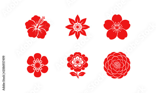 Принти на полотні Red Flower Silhouette Collection Flat Vector Set Isolated on Transparent Backgro