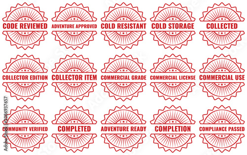 Assorted red circular business stamp designs for collector items and commercial grade project status and approval labels