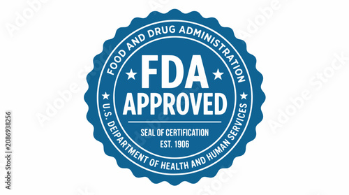 Blue circular vector graphic illustration showing the official food and drug administration fda approved seal stamp