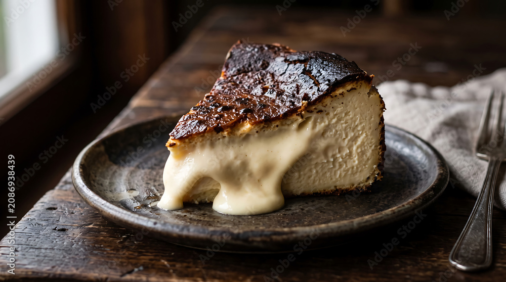 Obraz premium Basque burnt cheesecake slice with caramelized top and oozing creamy custard center