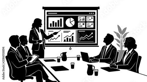 Business professional explains financial trends during a strategic meeting with diverse partners.