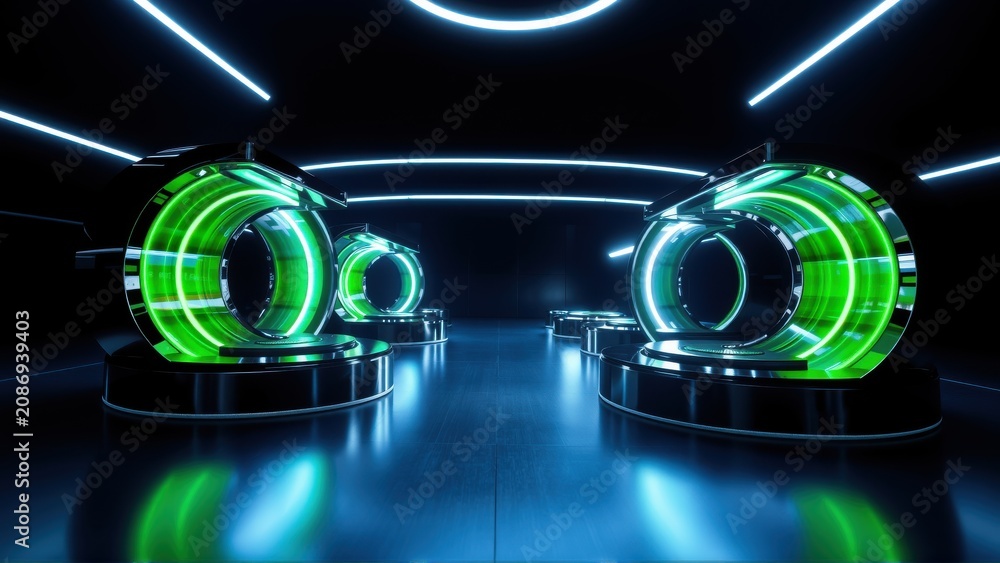Fototapeta premium Futuristic corridor features glowing circular structures, bright neon lights, dark reflective floor. Minimalist design evokes scifi atmosphere.