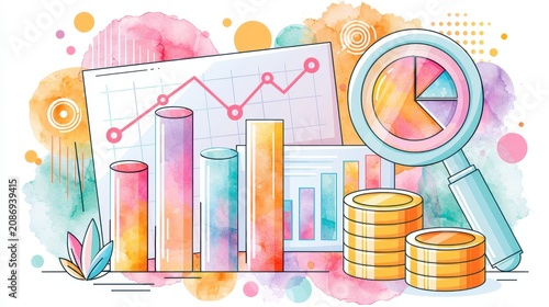 Economy macro trend analysis theme side view water color colored pastel flat design. 