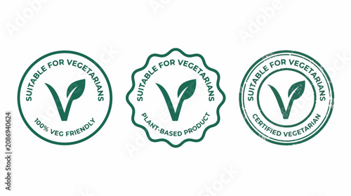 Set of three green vegetarian labels featuring leaf icons for healthy food and lifestyle products