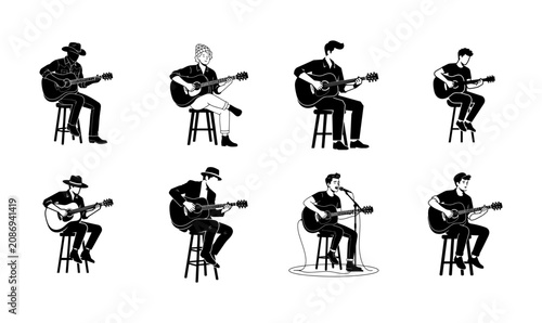 Cuadro en lienzo Black Guitar Player Silhouette Collection Flat Vector Set Isolated on PNG Backgr