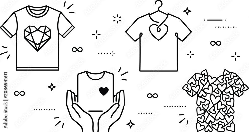 Fototapeta premium Custom T Shirt Clothing Apparel Fashion Design with Heart Graphic Vector Set Line Art