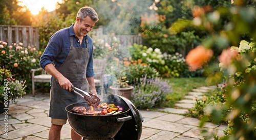 Man grilling vegetables and meat in garden during summer evening  
