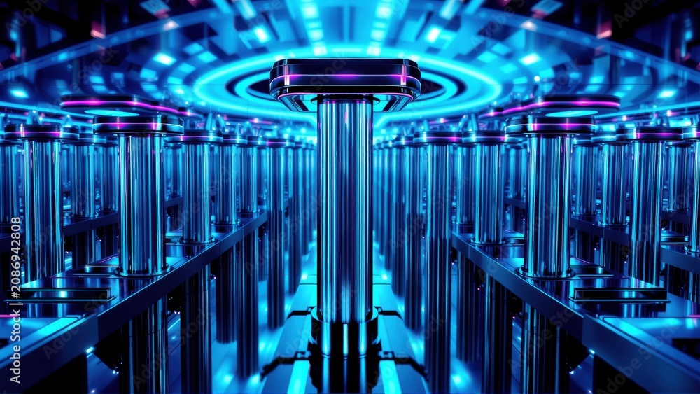 Fototapeta premium Futuristic corridor. Blue neon lights illuminate symmetrical pillars creating infinite reflections. Dark background emphasizes glowing structure.