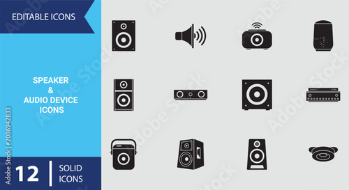 Bilde på lerret Speaker And Audio Device Icons Solid Set Representing High Fidelity Loudspeakers