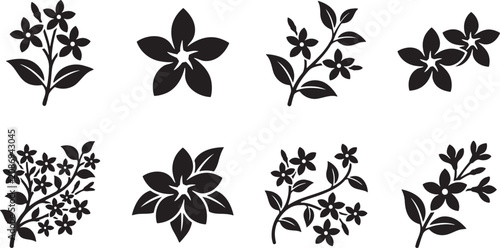 Various stylized five petal flower and star jasmine silhouettes set