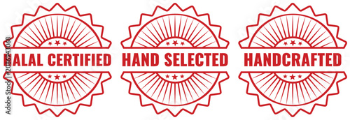 Photos Three decorative red circular stamps with text for halal certified and hand sele