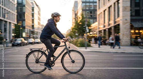 Man cycling on street in urban setting during sunset  