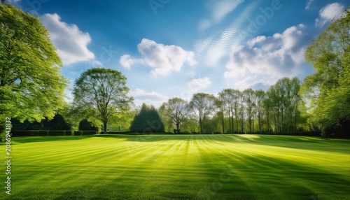 beautiful blurred background image of spring nature with a neatly trimmed lawn surrounded by trees against a blue sky with clouds on a bright sunny day