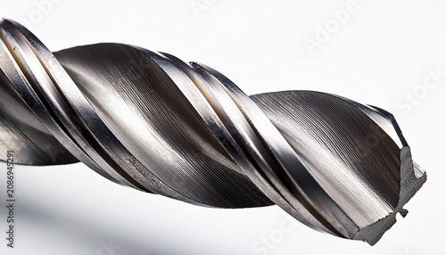 close up of a metal drill bit on a white background