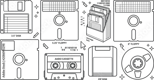 Foto Retro Retro Computing Media Floppy Disk And Audio Cassette Vector Set Line Art