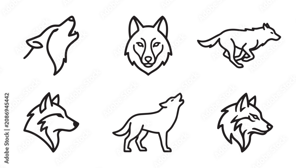 Naklejka premium Set of wolf line art icons showcasing various poses including running and howling with wildlife standing portrait illustration collection minimalist monochrome predator