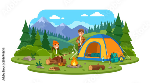 Картината върху платно Ideal for outdoor and camping enthusiasts, this vibrant image captures the essence of a joyful camping trip in the mountains