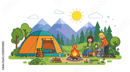 Принти на полотні Outdoor camping scene with a sunny day backdrop, perfect for adventure, travel, nature, fun outdoor activities, and campingrelated concepts