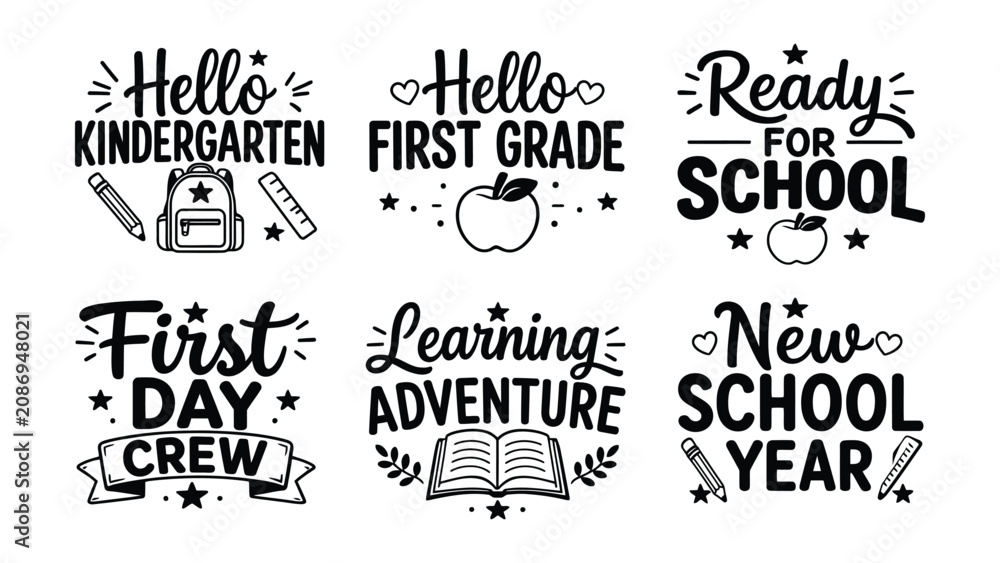 Fototapeta premium Collection of Back To School Graphic Designs Featuring School Supplies And Motivational Phrases