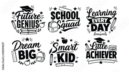 Bild auf Leinwand Collection of six inspirational educational phrases with school related icons an