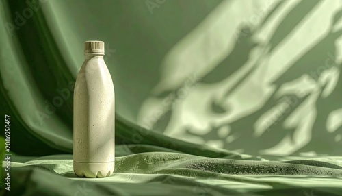 Minimalist white cosmetic bottle on elegant green fabric folds.