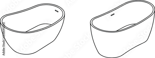 Modern Freestanding Bathtub Outline Vector Illustration with Two Perspective Views for Bathroom Design