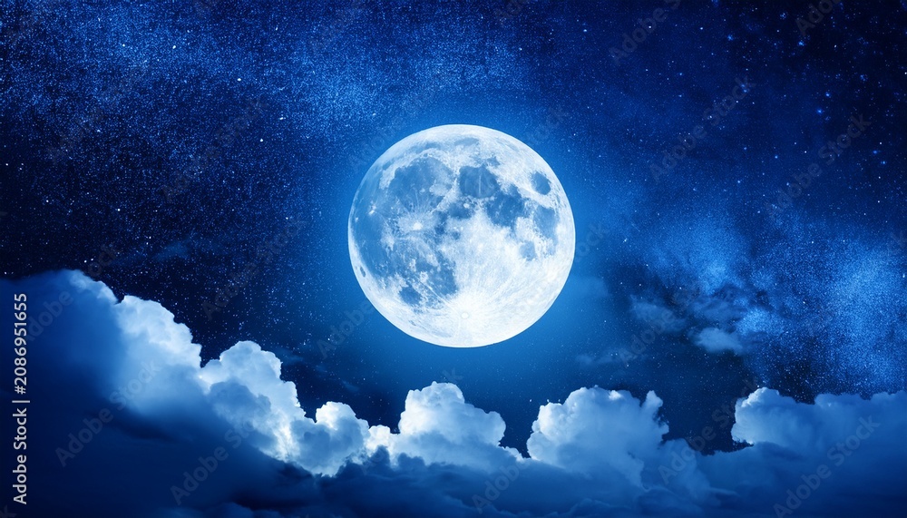 Fototapeta premium Full Moon Glowing In Dark Night Sky With Soft Blue Light And Cloud Textures For Celestial Background
