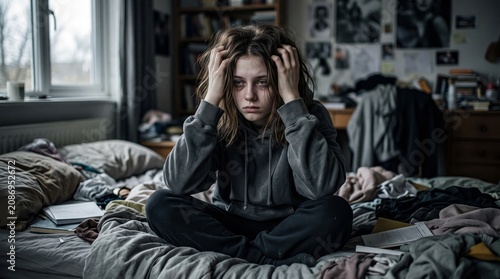 Depressed girl sitting on messy bed showing emotional burnout stress anxiety and mental health concept