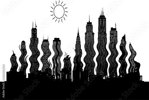 Urban Heat Wave City Silhouette - Black Vector Icon for Mirage Effect and City Heat Island