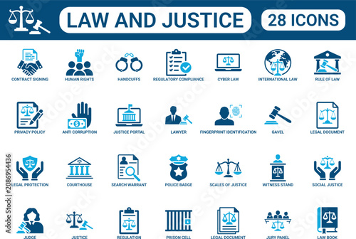 Bild auf Leinwand Law and Justice Icon Set with Scales of Justice Gavel Cyber Law Anti Corruption