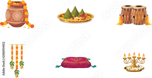 Traditional Indian Wedding and Festival Element Icon Set with Decorated Clay Pot Sweets Paan Dhol Drums Marigold Garlands Royal Pillow and Diya Lamp Vector Illustration