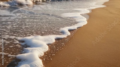 Golden sandy beach shoreline with gentle foamy ocean waves washing ashore at low tide