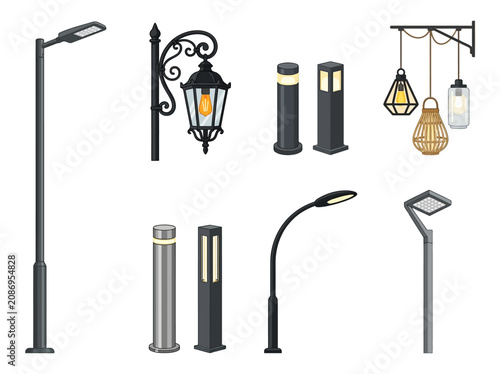 Urban and decorative lighting fixtures vector collection: streetlights, bollards, classic lamps, and modern pendants, isolated.