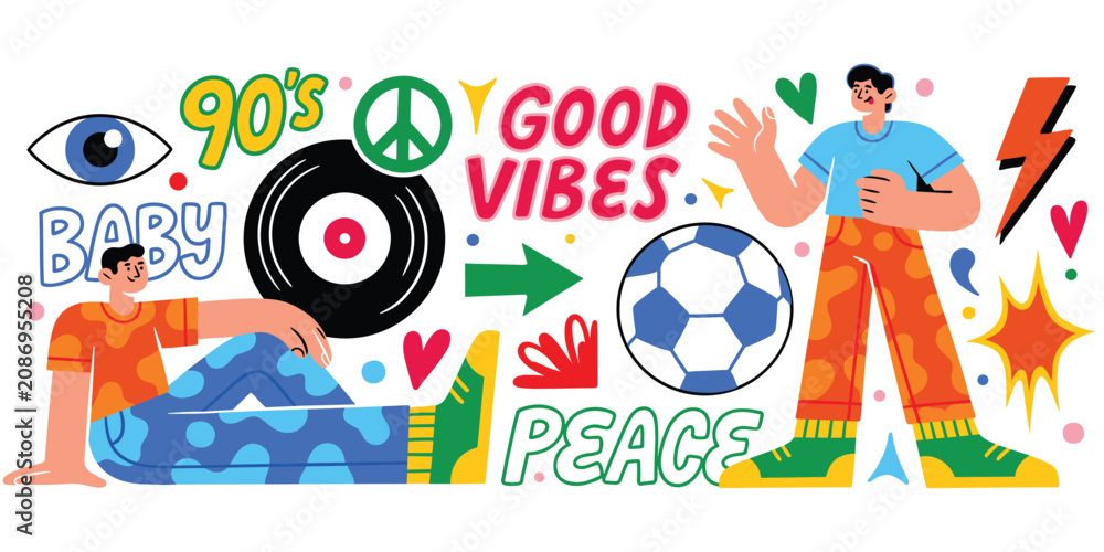Fototapeta premium Retro 90s culture illustration with people, peace signs, good vibes text, colorful decorative elements, nostalgic design concept, flat vector illustration