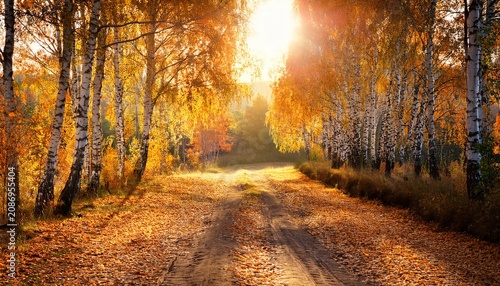 Afternoon Sun Shining On Dirt Road Thickly Covered By Birch Leaves In Autumn