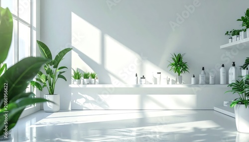 Minimalist white shelf corner with plants in sunlight.